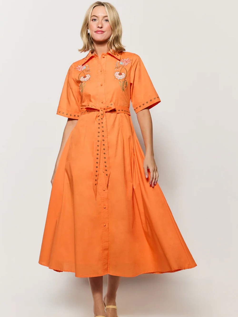 Fanm Mon Kenya Dress Midi Small NWT Embroidered Orange Shirt Dress Floral Cotton